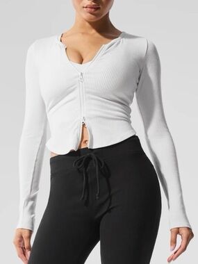 ALO YOGA Ribbed Stardust Long Sleeve Jacket in White Size L